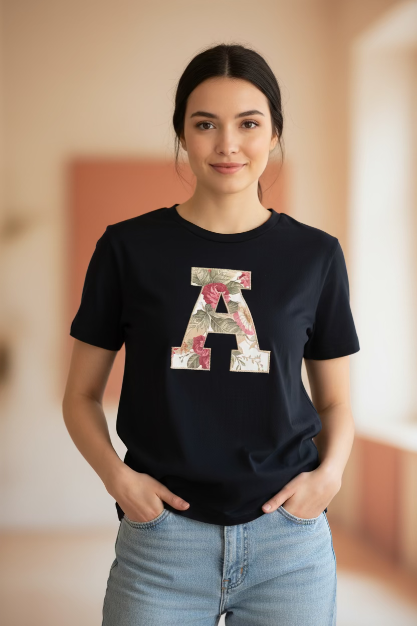 Camiseta Algodón con Parche Letra A Floral