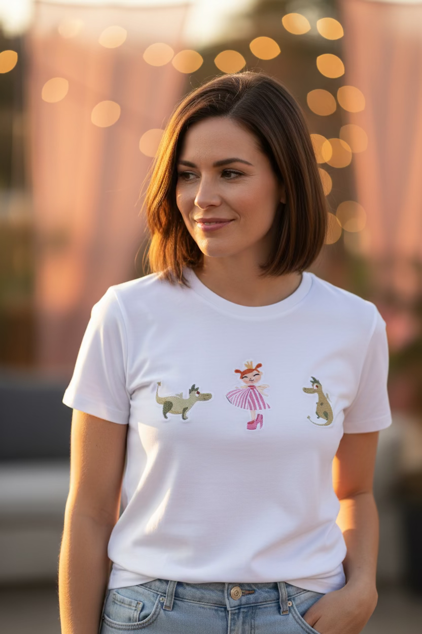 Camiseta con Parche de Dragones y Princesa
